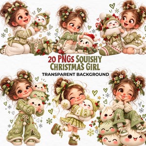 May include: A digital collection of 20 PNG images featuring a cartoon girl with brown hair in buns, wearing green and white winter clothing, interacting with small white squishy characters, decorated with snowflakes, hearts, and Christmas greenery.
