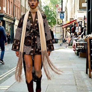 Stylish 70s Inspired Long Fringe Chiffon Scarf - Beige