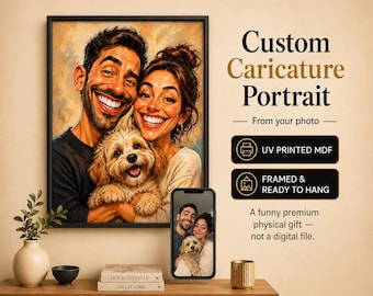 Caricature personnalisée d’après photo, Cadeau portrait drôle, Tableau MDF encadré