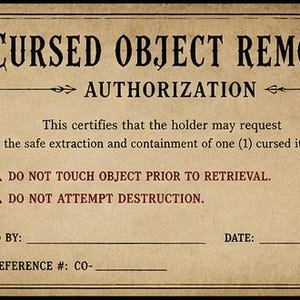 May include: A vintage-style document with the text "CURSED OBJECT REMOVAL AUTHORIZATION." It features an illustration of a doll in a glass dome. The document includes warnings and spaces for details.