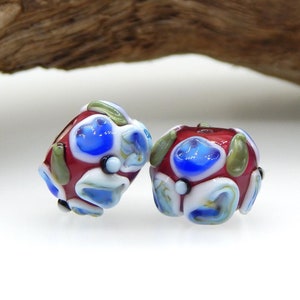 Lampwork Glass Bead Pair-Floral-Blue Pink Magenta White-14.5mm-SRA