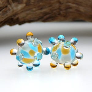 Lampwork Glass Bead Pair-Blue Amber Transparent-Dots-Round-18mm-SRA