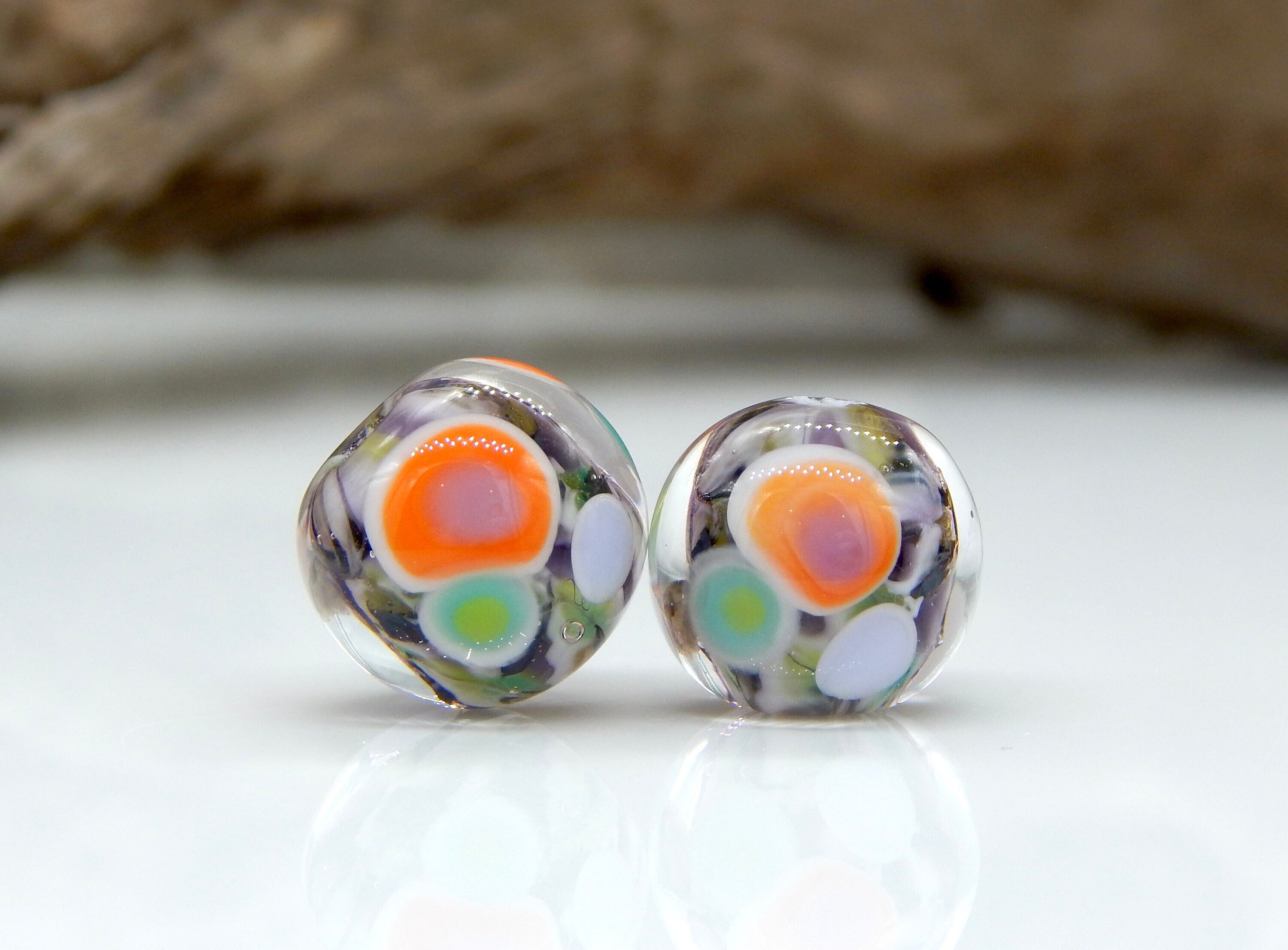 PAIRS 262 Lampwork Bead Pair Handmade Orange Green Black Halloween Colors  FLOWERS Matched beads Perfect for Accents and Earrings