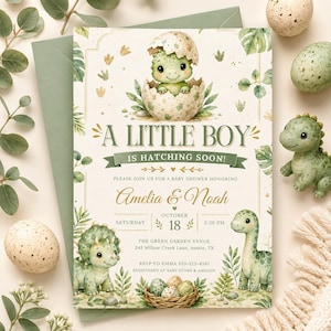 Invitación para baby shower "Un niño está por nacer", plantilla editable de huevo de dinosaurio en Canva (descarga digital)