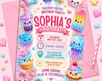 Può includere: Un invito di compleanno con colorate illustrazioni in stile kawaii di bubble tea, gelato, ciambella, cupcake e medusa. Il testo recita: SQUISH-TASTIC BIRTHDAY PARTY! SOPHIA'S BIRTHDAY! SABATO 18 MAGGIO 2025, 14:00 - 17:00.