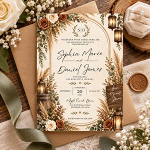 May include: A wedding invitation card featuring a cream background with an arched frame, decorated with brown and white roses, pampas grass, and hanging lanterns. The text includes the names Sophia Marie and Daniel James, the date September 20, 2025, and the location Maple Creek Barn in Bozeman, MT.