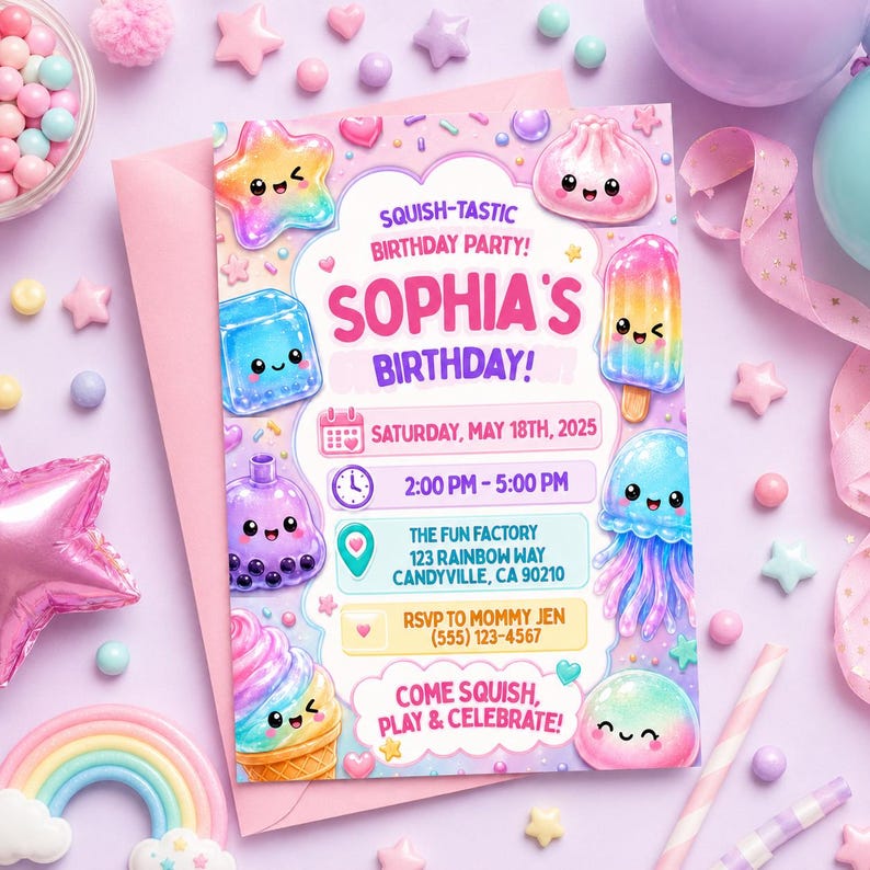 Pu&ograve; includere: Un invito di compleanno rettangolare con illustrazioni colorate in stile kawaii di una stella, cubetto di ghiaccio, t&egrave; boba, gelato, raviolo, ghiacciolo, medusa e mochi. Il testo recita SQUISH-TASTIC BIRTHDAY PARTY! SOPHIA'S BIRTHDAY!