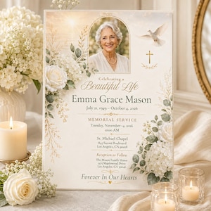 Memorial Service Invitation with Photo, Celebration of Life Editable Canva Template, Floral Funeral Announcement, Digital Download
