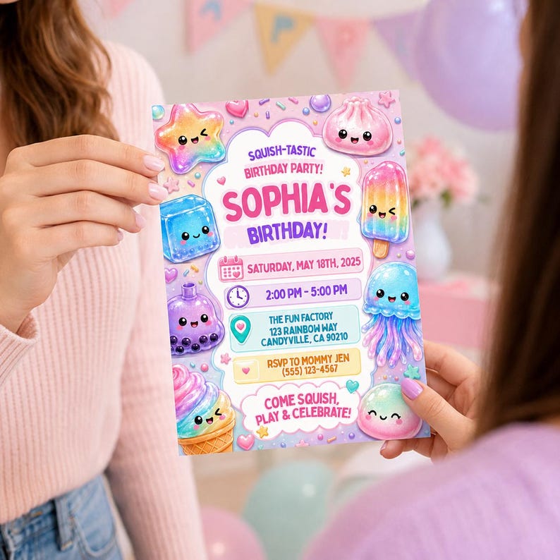 Pu&ograve; includere: Un biglietto d'invito di compleanno rettangolare con illustrazioni colorate in stile kawaii di giocattoli squishy, tra cui una stella, un cubetto di ghiaccio, bubble tea, gelato, un raviolo, un ghiacciolo e una medusa, con il testo Sophia's Birthday.