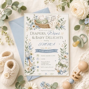 Może przedstawiać: Prostokątne zaproszenie na baby shower z akwarelowymi ilustracjami wiklinowego kosza z pieluchami, grzechotką i kwiatowymi akcentami. Tekst brzmi: Please join us for a Diapers, Wipes & Baby Delights honoring Emma, Baby Shower, Saturday, September 12, 2026, 3:00 PM, The Garden Room, 85 Willow Lane, Nashville, TN 37203, RSVP to Sarah at 555-0119, Registered at Target & Amazon.