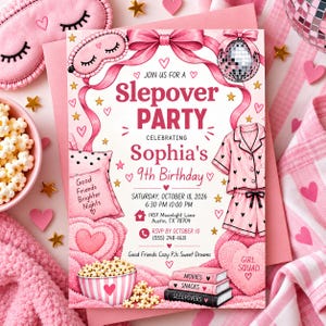 May include: A pink-themed sleepover party invitation card featuring illustrations of a sleep mask, disco ball, pyjamas, popcorn, and books. The text reads: Join us for a Slepover Party celebrating Sophia's 9th Birthday, Saturday, October 18, 2026.