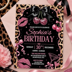 May include: A rectangular birthday invitation card featuring a black center with pink text reading Sophia's BIRTHDAY, Sunday 30th December, 4:00PM-12:00AM, The Willow House, 987 Heartwood Circle, Heartsville, USA, and RSVP to Emma 123-456-7890 by December 20th.