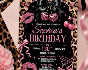 Può includere: Un biglietto d'invito di compleanno rettangolare con un centro nero e testo rosa che recita Sophia's BIRTHDAY, Sunday 30th December, 4:00PM-12:00AM, The Willow House, 987 Heartwood Circle, Heartsville, USA, e RSVP to Emma 123-456-7890 by December 20th.