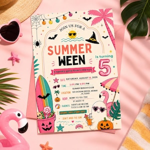 Summerween Birthday Invitation | Editable Canva Template | Ghost Pool Party Invite | Halloween Summer Birthday | Printable Digital Download