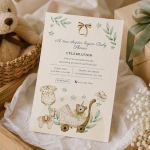 May include: A rectangular baby shower invitation card on cream paper featuring a watercolor illustration of a teddy bear in a carriage, a llama, a onesie, and green leaves. The text reads A new chapter begins Baby Shower CELEBRATION, 22 july, 2026, 11:00 AM - 2:00 PM, FRADEL AND SPIES 123 Anywhere St., Any City, RSVP NOW, and +123-456-7890.