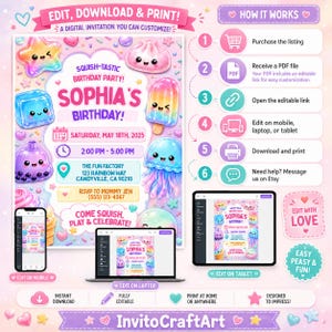 Pu&ograve; includere: Un modello di invito di compleanno digitale con personaggi squishy color pastello come una stella, un cubetto di ghiaccio, un ghiacciolo e una medusa. Il testo recita Sophia's Birthday, Saturday, May 18th, 2025, 2:00 PM - 5:00 PM, The Fun Factory, 123 Rainbow Way, Candyville, CA 90210.