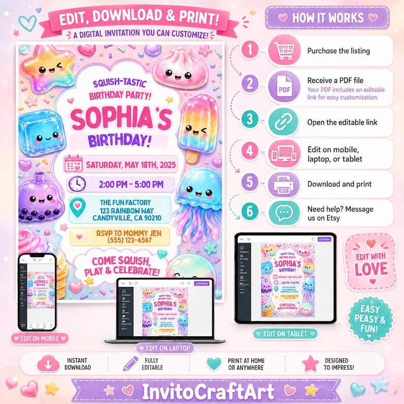 Pu&ograve; includere: Un modello di invito di compleanno digitale con personaggi squishy color pastello come una stella, un cubetto di ghiaccio, un ghiacciolo e una medusa. Il testo recita Sophia's Birthday, Saturday, May 18th, 2025, 2:00 PM - 5:00 PM, The Fun Factory, 123 Rainbow Way, Candyville, CA 90210.