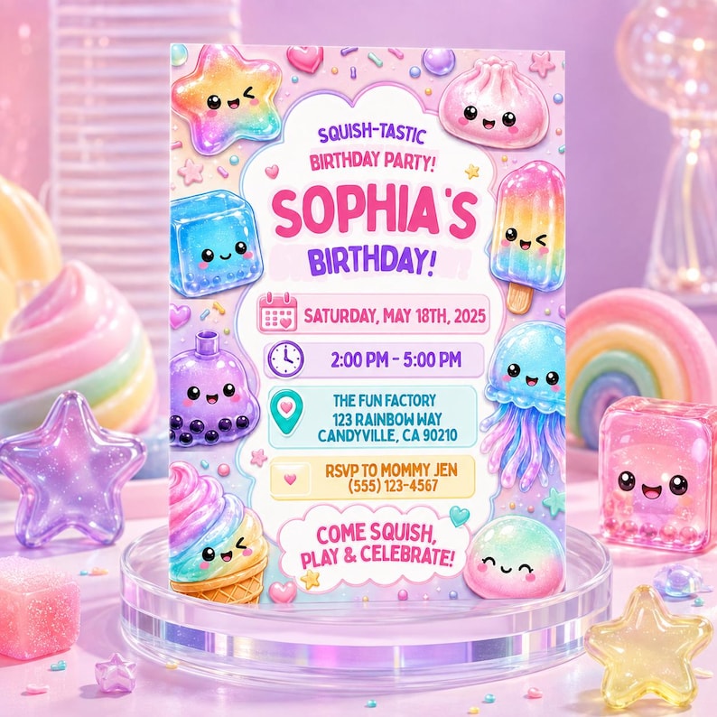 Pu&ograve; includere: Un biglietto d'invito di compleanno rettangolare con illustrazioni kawaii colorate e sorridenti di una stella, un gelato, una medusa e un t&egrave; boba. Il testo recita: SQUISH-TASTIC BIRTHDAY PARTY! SOPHIA'S BIRTHDAY! SATURDAY, MAY 18TH, 2025, 2:00 PM - 5:00 PM, THE FUN FACTORY 123 RAINBOW WAY CANDYVILLE, CA 90210, RSVP TO MOMMY JEN (555) 123-4567, COME SQUISH, PLAY & CELEBRATE!