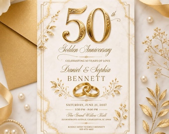 50th Wedding Anniversary Invitation, Golden Anniversary Party Invite for Couple, Elegant Gold Canva Template, Digital Download