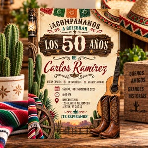May include: A 50th birthday party invitation card featuring a wooden sign with the text Los 50 Años de Carlos Ramirez, a guitar, cowboy boots, a wagon wheel, cacti, and a desert landscape. The card includes event details for November 14, 2026.