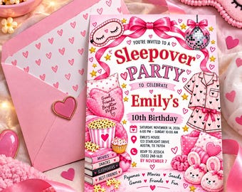 Sleepover Birthday Invitation, Pink Pajama Party Invite, Girls Slumber Party Template, Editable Canva Digital Download