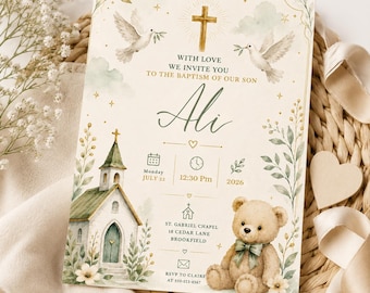 May include: A baptism invitation card featuring a watercolour illustration of a church, a teddy bear with a green bow, and two white doves. The text reads: WITH LOVE WE INVITE YOU TO THE BAPTISM OF OUR SON, Ali, Monday JULY 22, 12:30 PM, 2026.