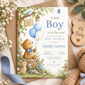 May include: A baby shower invitation card featuring a watercolour illustration of a teddy bear holding three balloons, a rabbit, a tree, and a birdhouse. The text reads: A little Boy is on the way! Please join us for a baby shower honouring Emily Carter.
