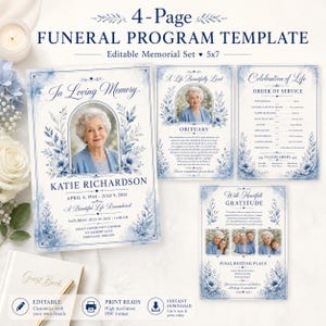 Puede incluir: Un conjunto de plantillas de programa funerario de 4 páginas con un diseño floral en acuarela azul. El diseño incluye una portada con espacio para fotos, obituario, orden del servicio y una página de agradecimiento, de 12,7x17,8 cm.