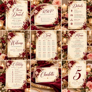 May include: A wedding stationery set featuring cream-colored cards with gold foil borders and deep red floral accents. The collection includes an invitation, RSVP card, details card, welcome sign, seating chart, menu, ceremony program, place card, and table number.