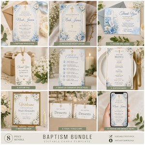Blue Floral Baptism Invitation Bundle: Editable 8-Piece Canva Template Set (Digital Download)