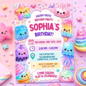 May include: A rectangular birthday party invitation featuring colorful, smiling cartoon characters including a star, ice cube, boba tea, ice cream, dumpling, popsicle, and jellyfish. The text reads: SQUISH-TASTIC BIRTHDAY PARTY! SOPHIA'S BIRTHDAY! SATURDAY, MAY 18TH, 2025, 2:00 PM - 5:00 PM, THE FUN FACTORY 123 RAINBOW WAY CANDYVILLE, CA 90210, RSVP TO MOMMY JEN (555) 123-4567, COME SQUISH, PLAY & CELEBRATE!