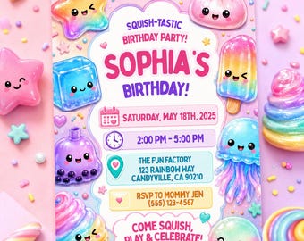 Può includere: Un invito di compleanno rettangolare con personaggi dei cartoni animati colorati e sorridenti: stella, cubetto di ghiaccio, bubble tea, gelato, raviolo, ghiacciolo e medusa. Testo: SQUISH-TASTIC BIRTHDAY PARTY! SOPHIA'S BIRTHDAY! SATURDAY, MAY 18TH, 2025, 2:00 PM - 5:00 PM, THE FUN FACTORY 123 RAINBOW WAY CANDYVILLE, CA 90210, RSVP TO MOMMY JEN (555) 123-4567, COME SQUISH, PLAY & CELEBRATE!