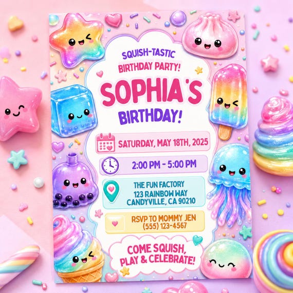Squishy Birthday Invitation, Colorful Sensory Party Invite, Kids Squishy Birthday Template, Editable Canva Invitation, Digital Download