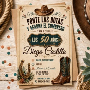 May include: A rectangular invitation card featuring a brown cowboy hat, a horseshoe, and a western-style boot. The text reads: PONTE LAS BOTAS Y AGARRA EL SOMBRERO Y VEN A CELEBRAR LOS 50 AÑOS DE Diego Castillo, SÁBADO, 18 DE DICIEMBRE, 6:00 PM, Rancho El Encanto.