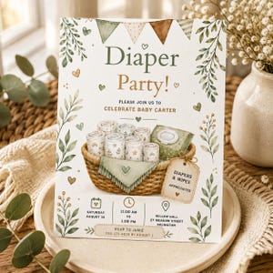 May include: A Diaper Party invitation card featuring green and brown bunting, botanical illustrations, and a woven basket filled with rolled diapers and wipes. Text includes event details, date, time, location, and RSVP information for Baby Carter.