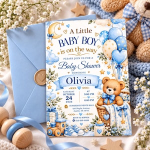 Inbjudan till babyshower med blå nallebjörn, Canva-mall för babyshower, digital nedladdning av akvarellinbjudan