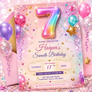 May include: A birthday invitation card featuring a large, iridescent rainbow-colored number 7 balloon at the top. The background is a pink and gold gradient with glitter, stars, and balloons. Text includes Harper's Seventh Birthday, September 17th, 2025, and event details.