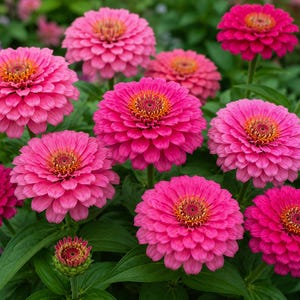 Könnte beinhalten: Eine Gruppe leuchtend rosa Zinnien in voller Blüte mit geschichteten, abgerundeten Blütenblättern und markanten gelb-orangen Mitten, umgeben von sattem grünem Laub und mehreren kleineren, noch geschlossenen Blütenknospen.