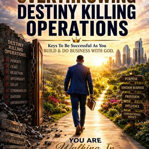 May include: A book cover titled Identifying and Overthrowing Destiny Killing Operations by Dr. Taquetta Baker. It features a person in a blue suit walking down a path toward a city at sunset, with signs listing obstacles and goals.