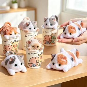 Puede incluir: Colección de juguetes de peluche con forma de gato en varios colores, incluyendo naranja, gris y crema. Algunos gatos están en tazas decorativas con el texto "So Happy" e ilustraciones de animales.