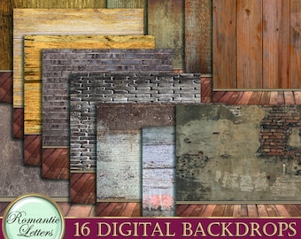 May include: A collection of 16 digital backdrops featuring various textures. The image showcases a variety of surfaces, including wood, brick, and aged walls. The color palette includes shades of brown, gray, and gold, with a vintage aesthetic.
