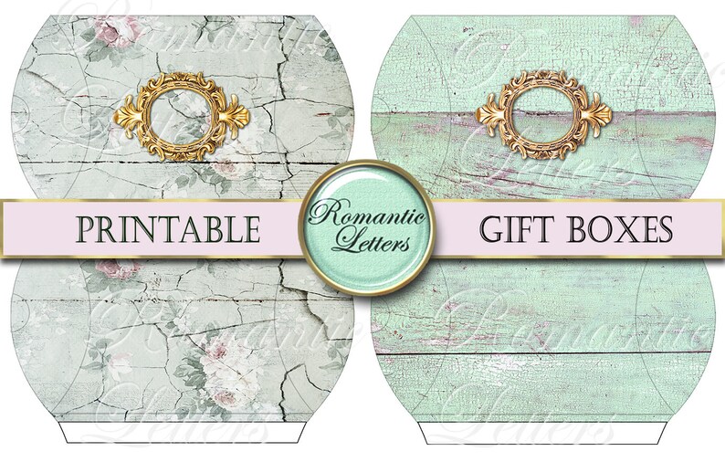 May include: Printable gift box template featuring two designs: one with a cracked, light blue woodgrain background and floral accents, and the other with a solid light blue woodgrain background. Both designs include a gold ornate frame with a circular opening.