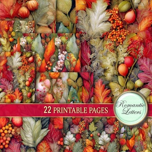 May include: A collage of colorful autumn leaves, berries, and flowers in shades of red, orange, green, and white. The image includes the text "22 Printable Pages" on a red banner and a circular logo that says "Romantic Letters".