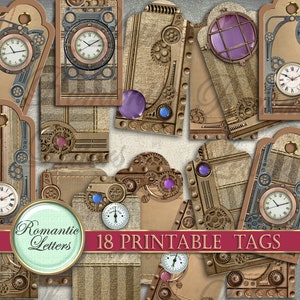 May include: 18 printable tags featuring a steampunk theme with gears, cogs, and clock faces. The tags are in shades of brown, gold, and silver with purple and blue accents. The text "Romantic Letters" and "18 Printable Tags" are included on the tags.