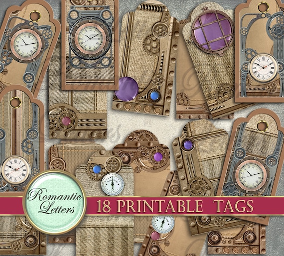 Printable Steampunk junk journal tags printable scrapbook gift tags printable bookmark hang tags printable product tags Victorian download
