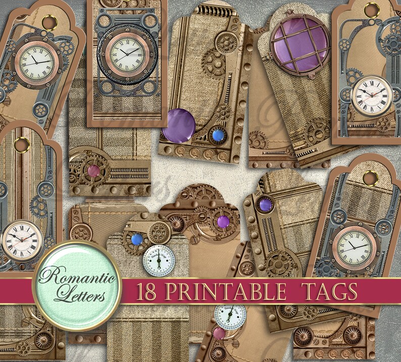 May include: 18 printable tags featuring a steampunk theme with gears, cogs, and clock faces. The tags are in shades of brown, gold, and silver with purple and blue accents. The text "Romantic Letters" and "18 Printable Tags" are included on the tags.