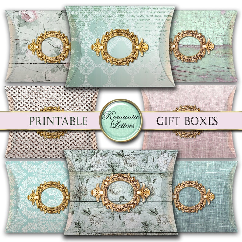 May include: Printable gift boxes with a romantic theme. The boxes are decorated with a variety of patterns, including floral, lace, and wood grain. Each box has a gold oval frame with a blank space for personalization. The text "Printable" and "Romantic Letters" is displayed on the boxes.