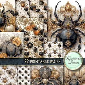 May include: A collection of 22 printable pages featuring a gothic Halloween theme. The designs include ornate spiders, pumpkins, and floral patterns in black, gold, and cream colors. The text "Romantic Letters" is also visible.
