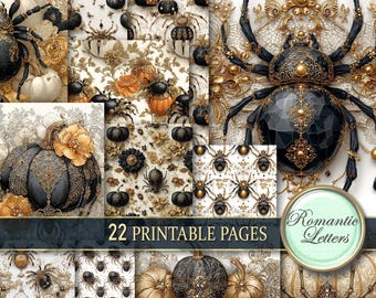Halloween spider digital scrapbook paper pack printable junk journal pages gothic spider net pumpkin spooky Halloween patterns autumn A4