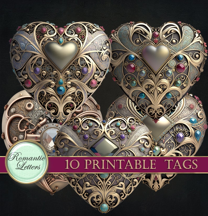 May include: Ten printable tags featuring ornate gold hearts with intricate designs and colorful gemstones. The hearts are layered and overlapping, creating a visually appealing and romantic aesthetic.